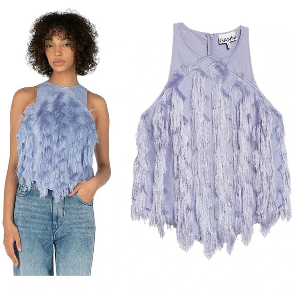 NWT $275 GANNI Fringe Mesh Tank Top - Pastel Ruffle Feathery Blouse - Picture 1 of 9